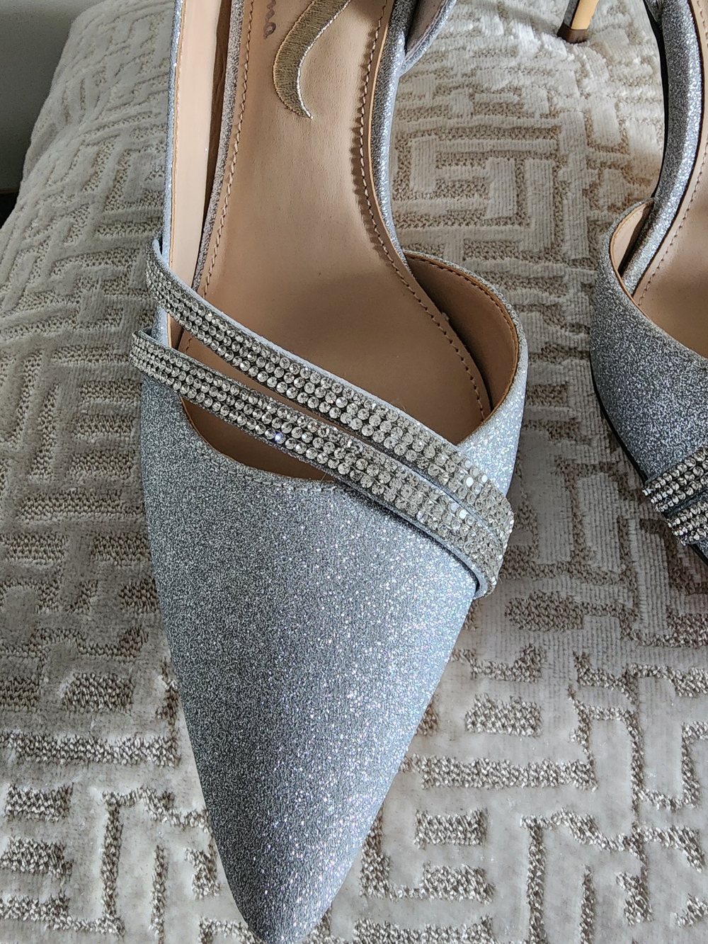 Nina Silver Glitter Pointed Toe Slingback Heels with Crystal Straps